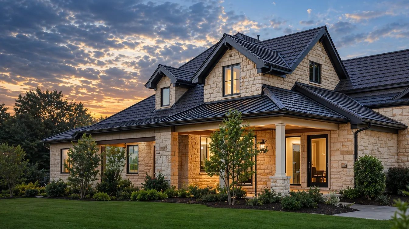 Beautiful San Antonio home with a professionally repaired roof at sunset